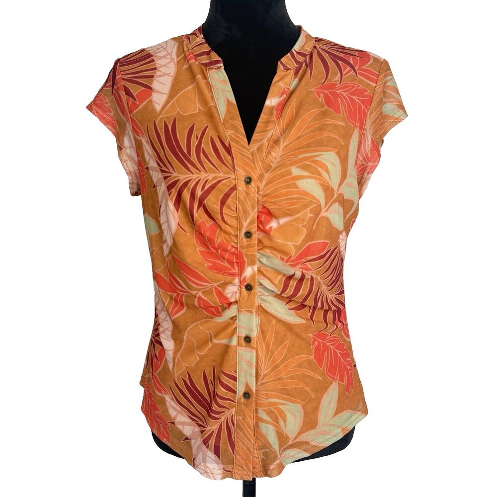 DR2 Womens Top Women's M Tropical Mesh Ruched Button Front Y2K Orange Stretch